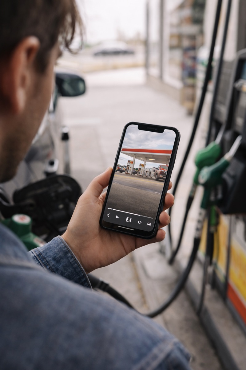 Person on phone at gas station